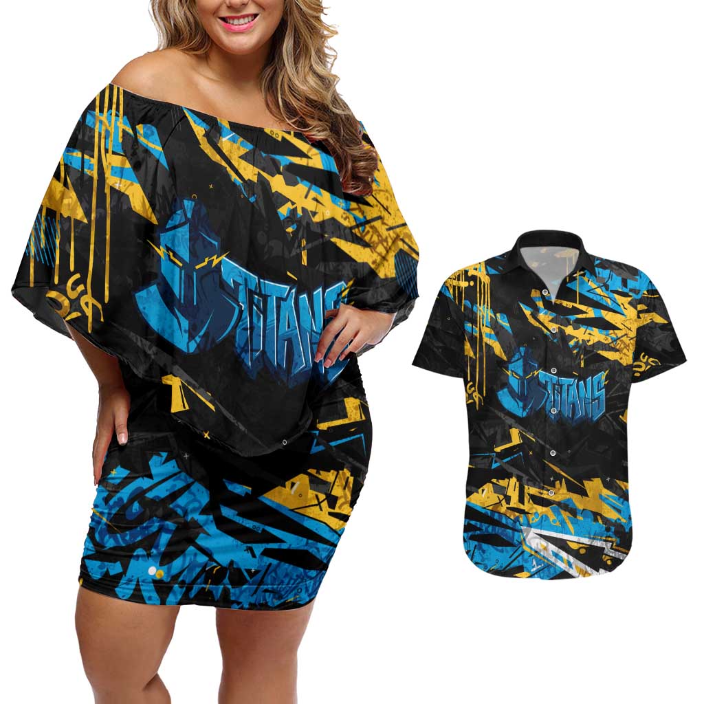 Personalized Gold Coast Titans Couples Matching Off Shoulder Short Dress and Hawaiian Shirt Graffiti Grunge Abstract Urban Street Style Design