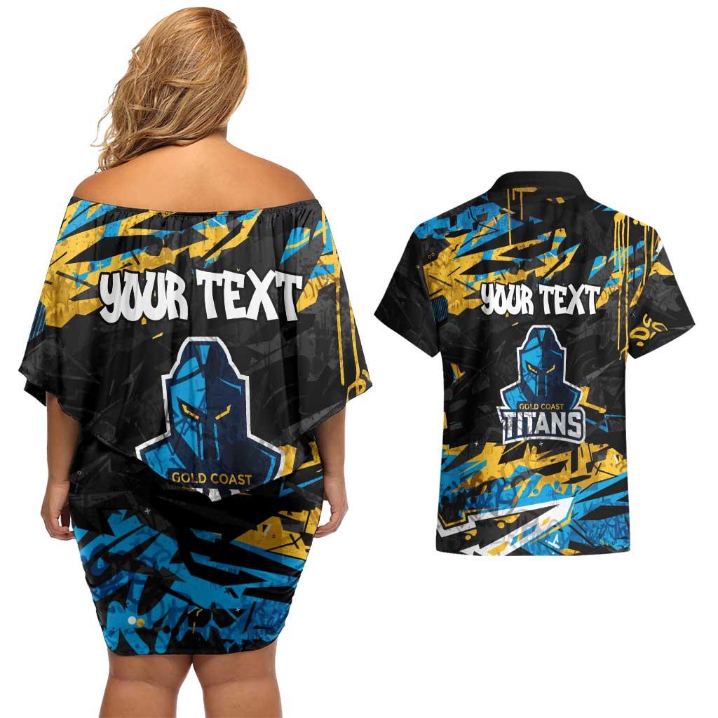 Personalized Gold Coast Titans Couples Matching Off Shoulder Short Dress and Hawaiian Shirt Graffiti Grunge Abstract Urban Street Style Design