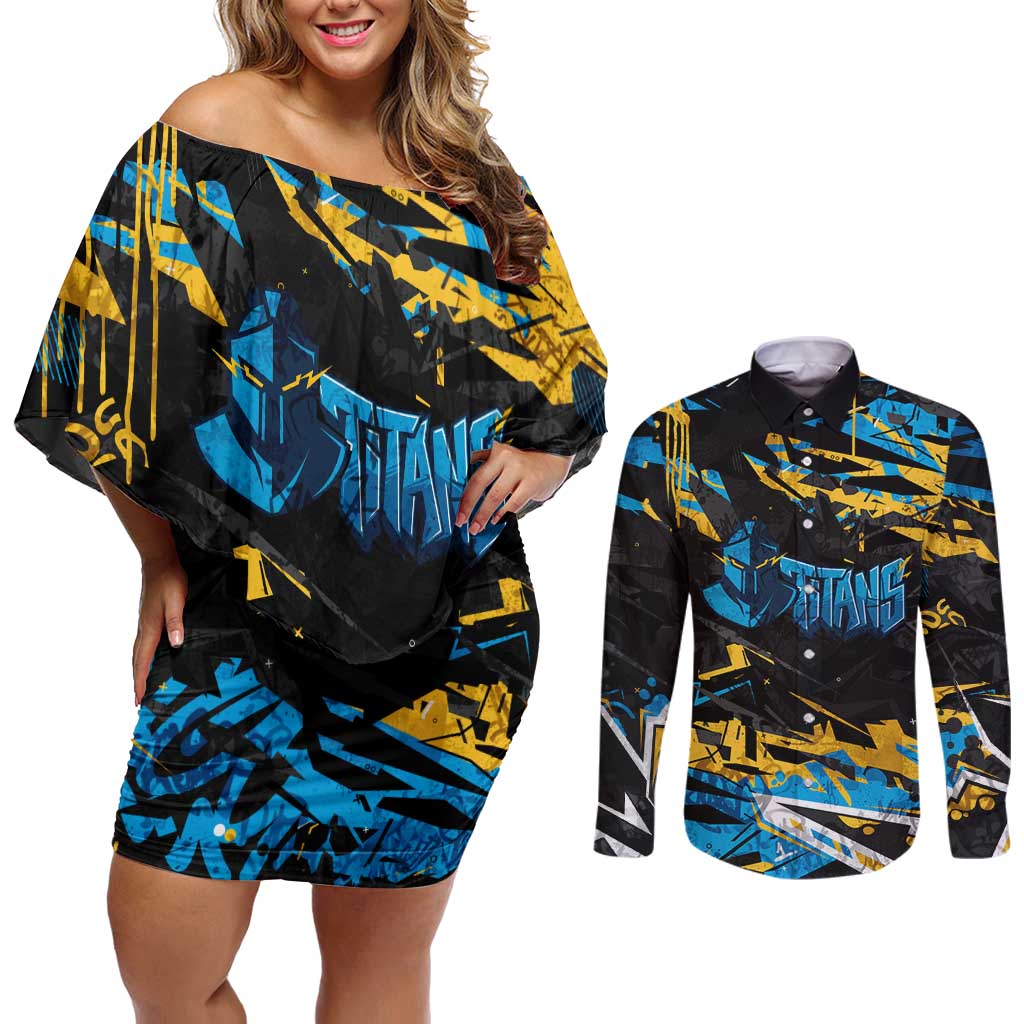 Personalized Gold Coast Titans Couples Matching Off Shoulder Short Dress and Long Sleeve Button Shirt Graffiti Grunge Abstract Urban Street Style Design