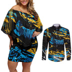 Personalized Gold Coast Titans Couples Matching Off Shoulder Short Dress and Long Sleeve Button Shirt Graffiti Grunge Abstract Urban Street Style Design