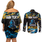 Personalized Gold Coast Titans Couples Matching Off Shoulder Short Dress and Long Sleeve Button Shirt Graffiti Grunge Abstract Urban Street Style Design