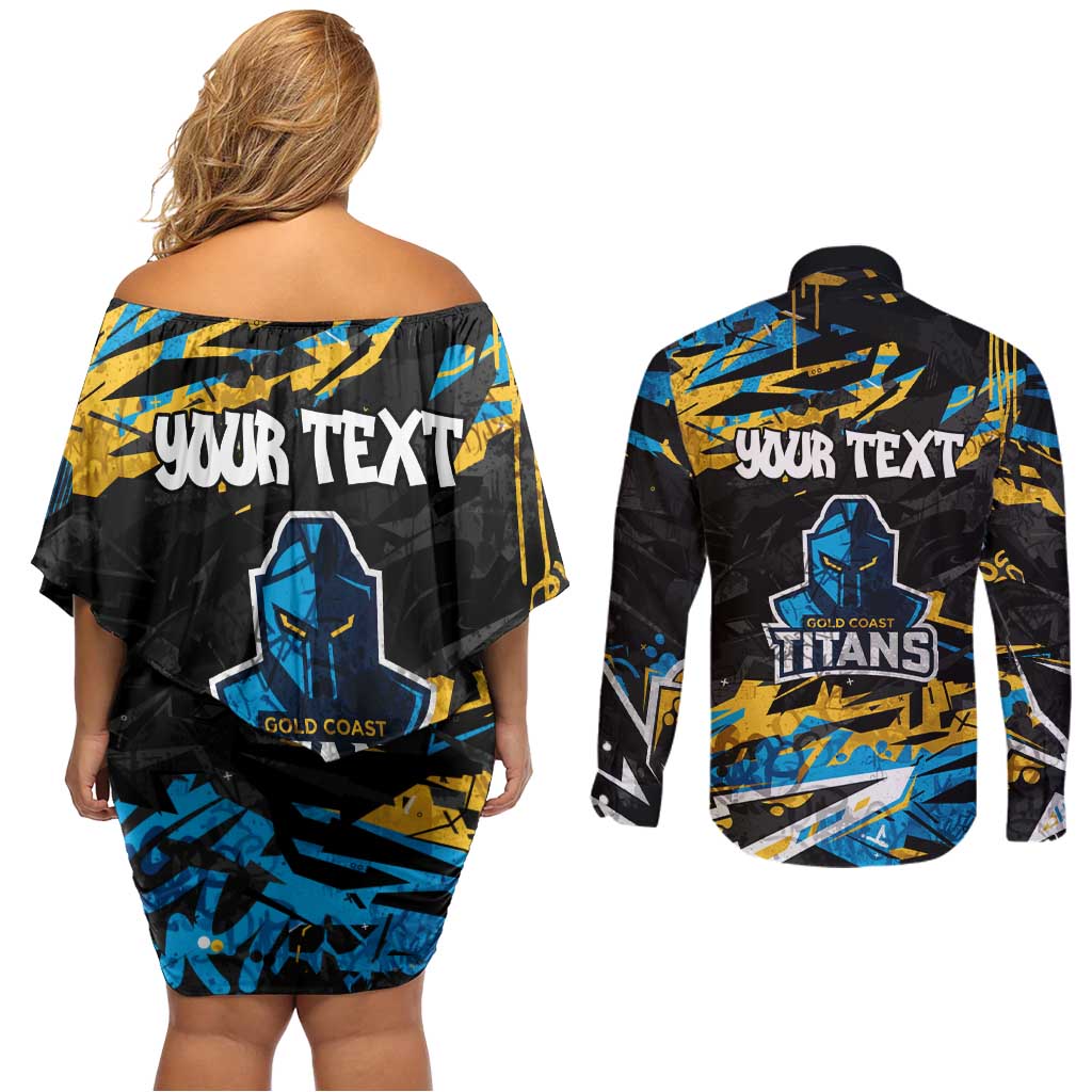 Personalized Gold Coast Titans Couples Matching Off Shoulder Short Dress and Long Sleeve Button Shirt Graffiti Grunge Abstract Urban Street Style Design