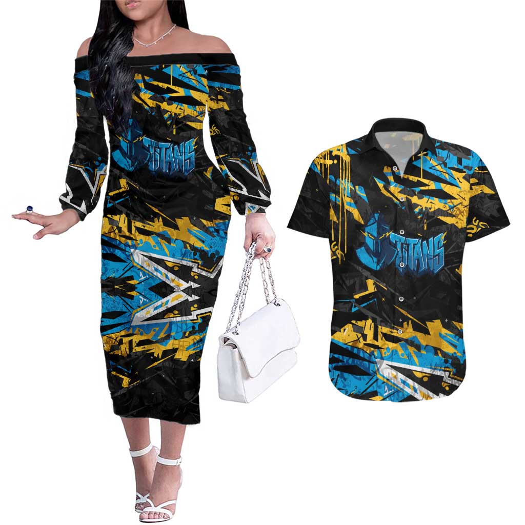 Personalized Gold Coast Titans Couples Matching Off The Shoulder Long Sleeve Dress and Hawaiian Shirt Graffiti Grunge Abstract Urban Street Style Design