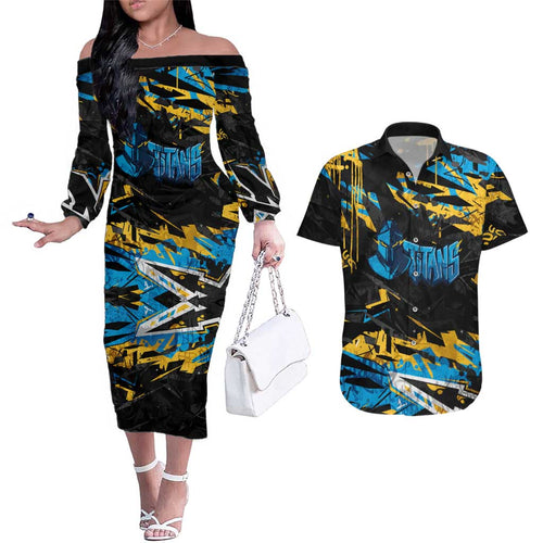 Personalized Gold Coast Titans Couples Matching Off The Shoulder Long Sleeve Dress and Hawaiian Shirt Graffiti Grunge Abstract Urban Street Style Design