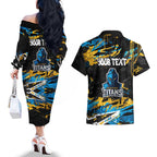 Personalized Gold Coast Titans Couples Matching Off The Shoulder Long Sleeve Dress and Hawaiian Shirt Graffiti Grunge Abstract Urban Street Style Design