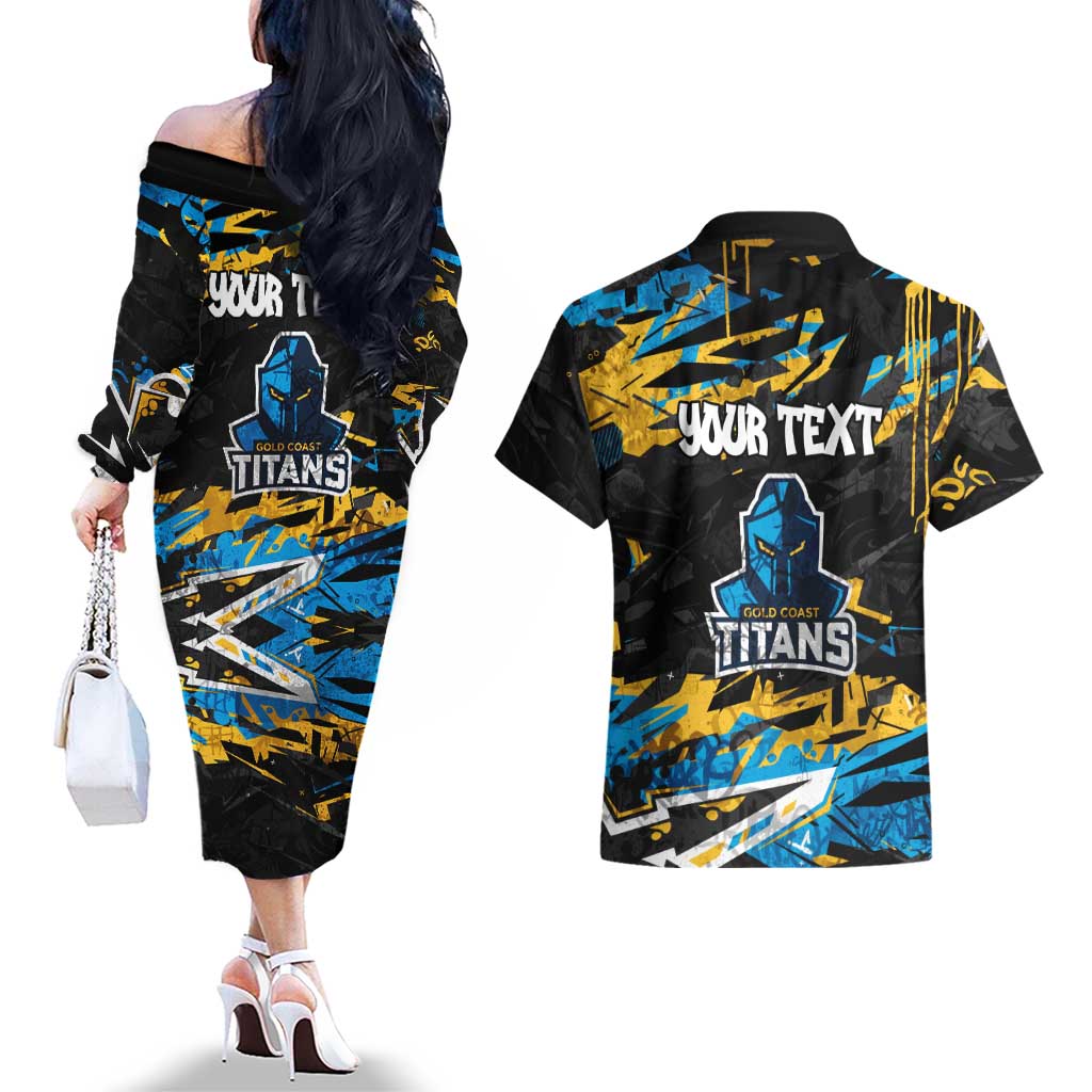 Personalized Gold Coast Titans Couples Matching Off The Shoulder Long Sleeve Dress and Hawaiian Shirt Graffiti Grunge Abstract Urban Street Style Design