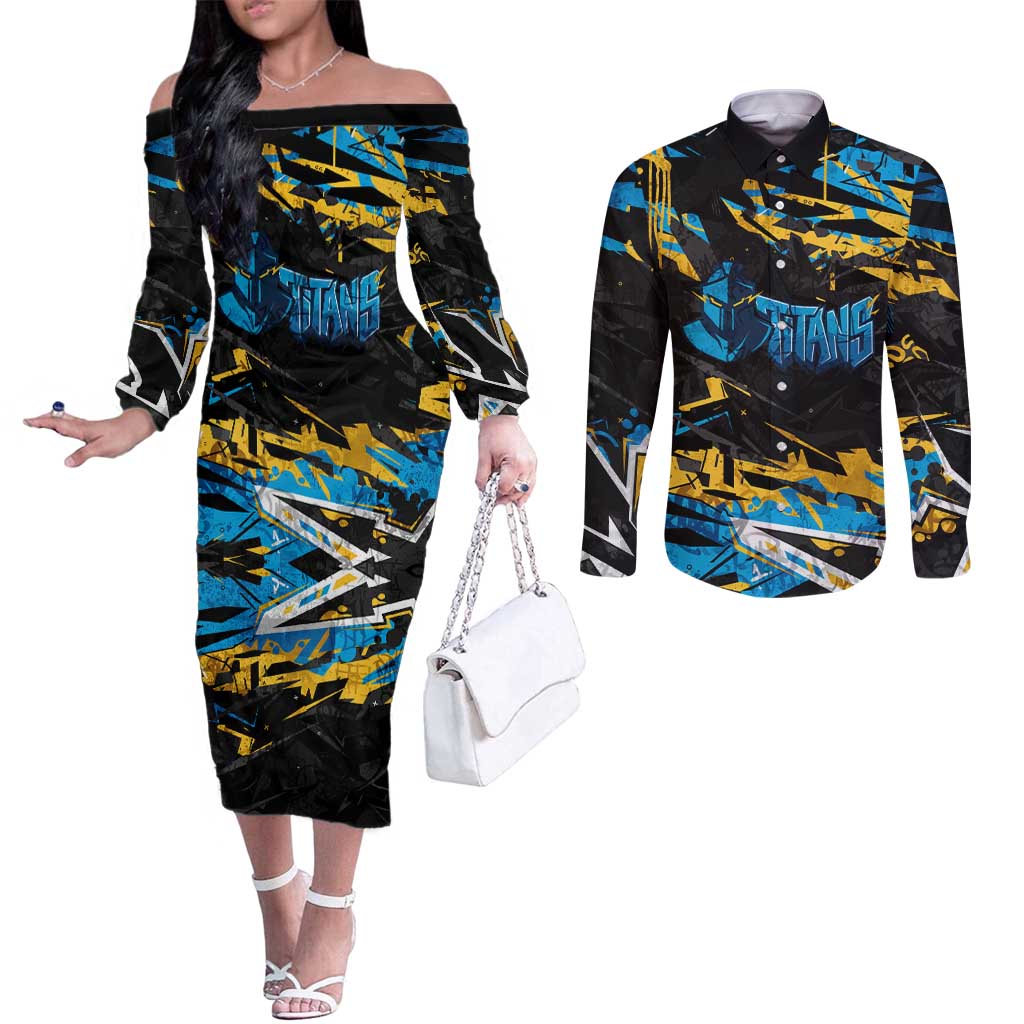 Personalized Gold Coast Titans Couples Matching Off The Shoulder Long Sleeve Dress and Long Sleeve Button Shirt Graffiti Grunge Abstract Urban Street Style Design