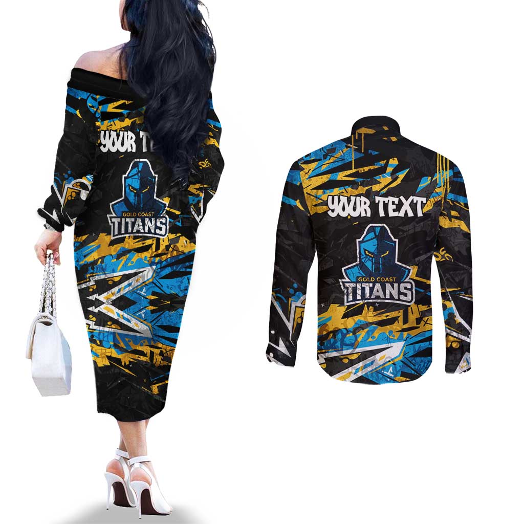 Personalized Gold Coast Titans Couples Matching Off The Shoulder Long Sleeve Dress and Long Sleeve Button Shirt Graffiti Grunge Abstract Urban Street Style Design