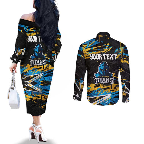 Personalized Gold Coast Titans Couples Matching Off The Shoulder Long Sleeve Dress and Long Sleeve Button Shirt Graffiti Grunge Abstract Urban Street Style Design