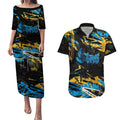 Personalized Gold Coast Titans Couples Matching Puletasi and Hawaiian Shirt Graffiti Grunge Abstract Urban Street Style Design