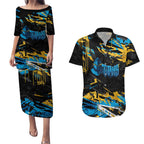 Personalized Gold Coast Titans Couples Matching Puletasi and Hawaiian Shirt Graffiti Grunge Abstract Urban Street Style Design