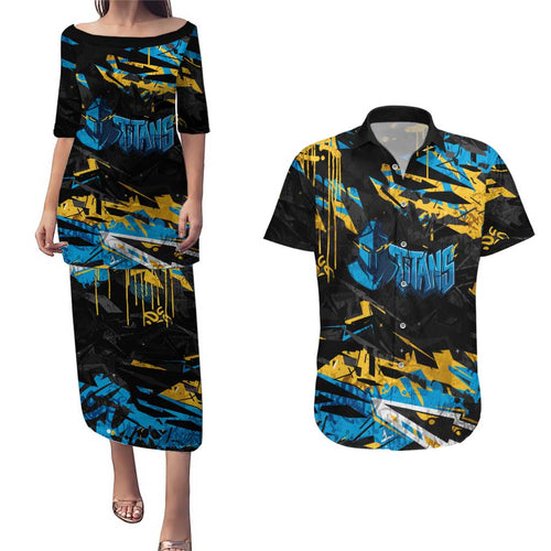 Personalized Gold Coast Titans Couples Matching Puletasi and Hawaiian Shirt Graffiti Grunge Abstract Urban Street Style Design