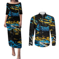 Personalized Gold Coast Titans Couples Matching Puletasi and Long Sleeve Button Shirt Graffiti Grunge Abstract Urban Street Style Design