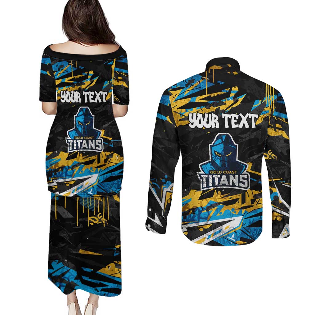 Personalized Gold Coast Titans Couples Matching Puletasi and Long Sleeve Button Shirt Graffiti Grunge Abstract Urban Street Style Design