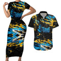 Personalized Gold Coast Titans Couples Matching Short Sleeve Bodycon Dress and Hawaiian Shirt Graffiti Grunge Abstract Urban Street Style Design