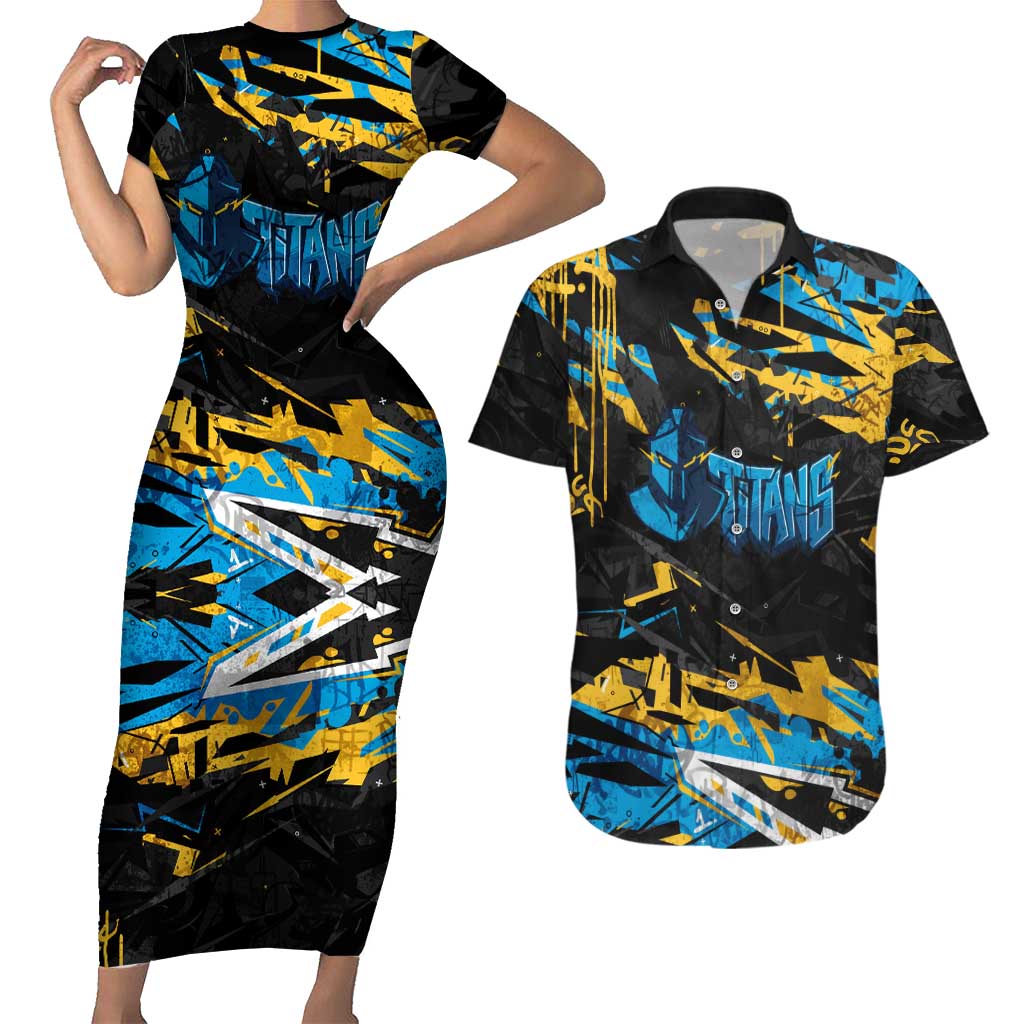 Personalized Gold Coast Titans Couples Matching Short Sleeve Bodycon Dress and Hawaiian Shirt Graffiti Grunge Abstract Urban Street Style Design