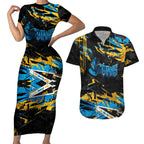 Personalized Gold Coast Titans Couples Matching Short Sleeve Bodycon Dress and Hawaiian Shirt Graffiti Grunge Abstract Urban Street Style Design