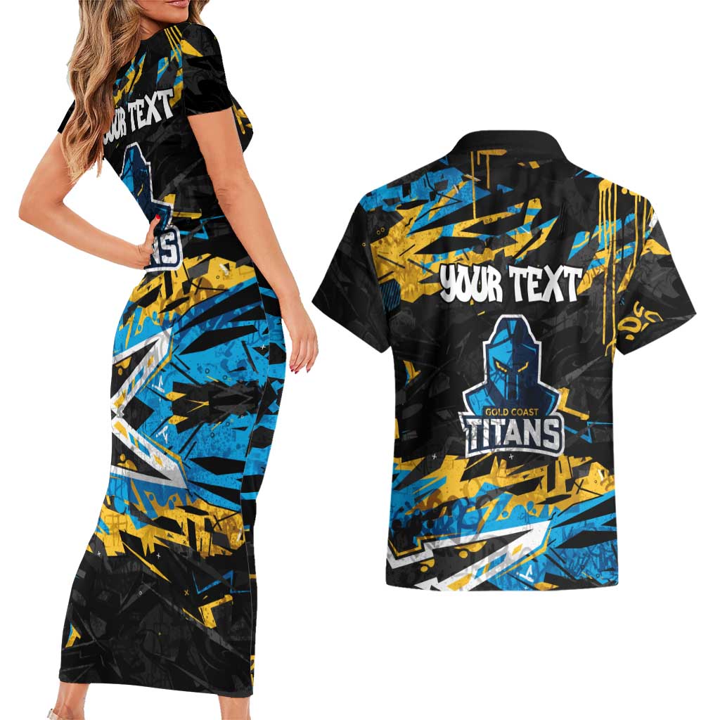 Personalized Gold Coast Titans Couples Matching Short Sleeve Bodycon Dress and Hawaiian Shirt Graffiti Grunge Abstract Urban Street Style Design