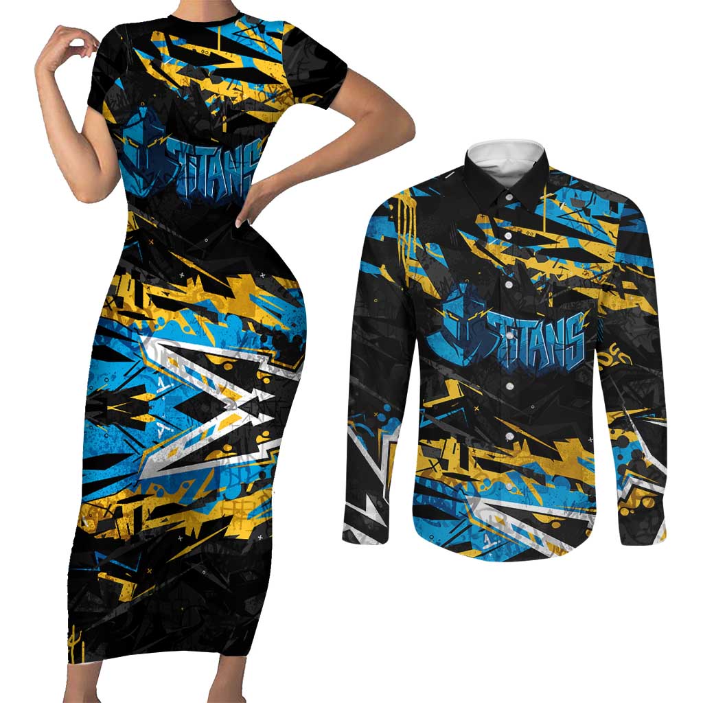 Personalized Gold Coast Titans Couples Matching Short Sleeve Bodycon Dress and Long Sleeve Button Shirt Graffiti Grunge Abstract Urban Street Style Design