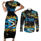 Personalized Gold Coast Titans Couples Matching Short Sleeve Bodycon Dress and Long Sleeve Button Shirt Graffiti Grunge Abstract Urban Street Style Design
