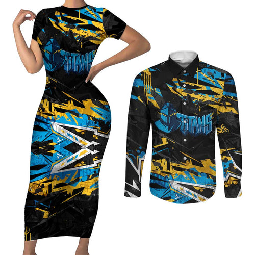 Personalized Gold Coast Titans Couples Matching Short Sleeve Bodycon Dress and Long Sleeve Button Shirt Graffiti Grunge Abstract Urban Street Style Design