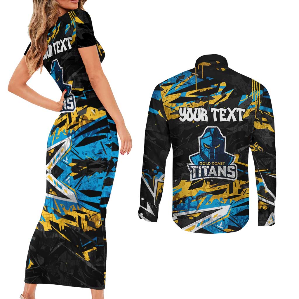 Personalized Gold Coast Titans Couples Matching Short Sleeve Bodycon Dress and Long Sleeve Button Shirt Graffiti Grunge Abstract Urban Street Style Design