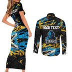 Personalized Gold Coast Titans Couples Matching Short Sleeve Bodycon Dress and Long Sleeve Button Shirt Graffiti Grunge Abstract Urban Street Style Design