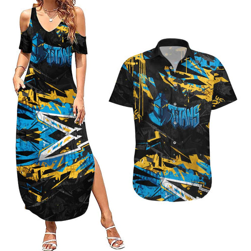 Personalized Gold Coast Titans Couples Matching Summer Maxi Dress and Hawaiian Shirt Graffiti Grunge Abstract Urban Street Style Design