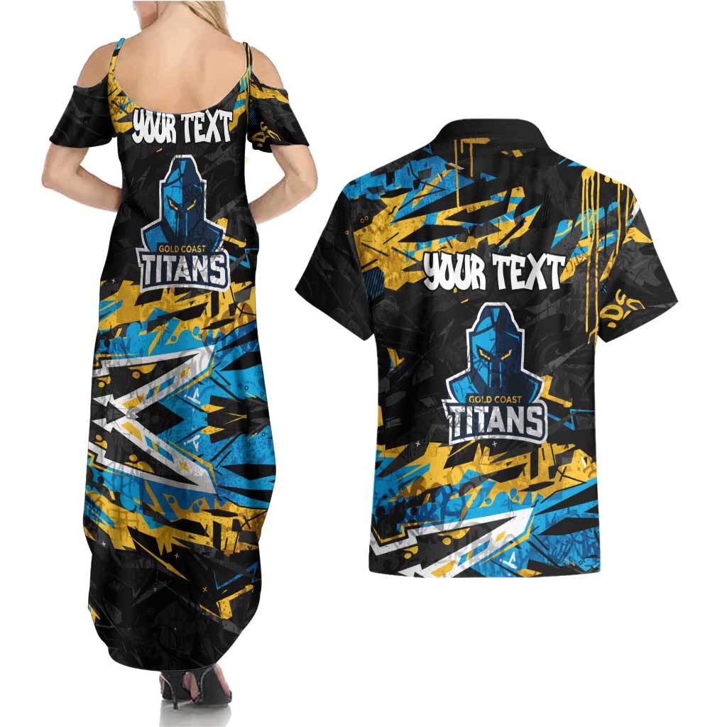 Personalized Gold Coast Titans Couples Matching Summer Maxi Dress and Hawaiian Shirt Graffiti Grunge Abstract Urban Street Style Design