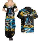 Personalized Gold Coast Titans Couples Matching Summer Maxi Dress and Hawaiian Shirt Graffiti Grunge Abstract Urban Street Style Design