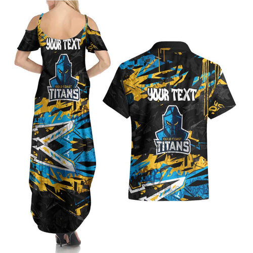 Personalized Gold Coast Titans Couples Matching Summer Maxi Dress and Hawaiian Shirt Graffiti Grunge Abstract Urban Street Style Design