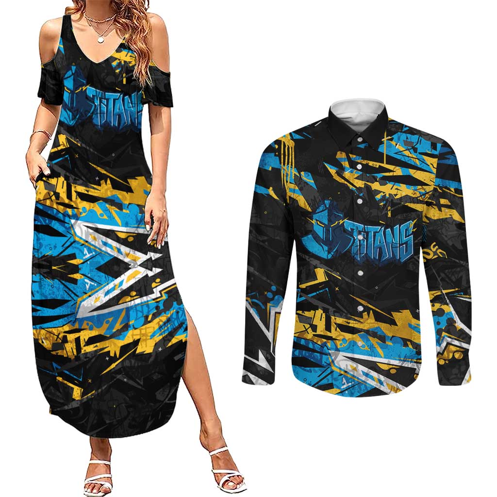 Personalized Gold Coast Titans Couples Matching Summer Maxi Dress and Long Sleeve Button Shirt Graffiti Grunge Abstract Urban Street Style Design