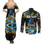 Personalized Gold Coast Titans Couples Matching Summer Maxi Dress and Long Sleeve Button Shirt Graffiti Grunge Abstract Urban Street Style Design