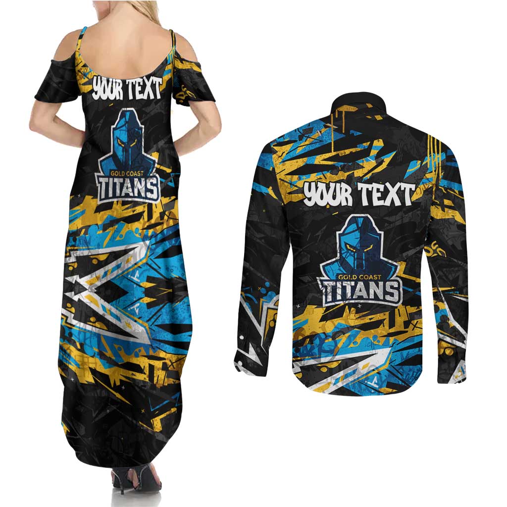 Personalized Gold Coast Titans Couples Matching Summer Maxi Dress and Long Sleeve Button Shirt Graffiti Grunge Abstract Urban Street Style Design