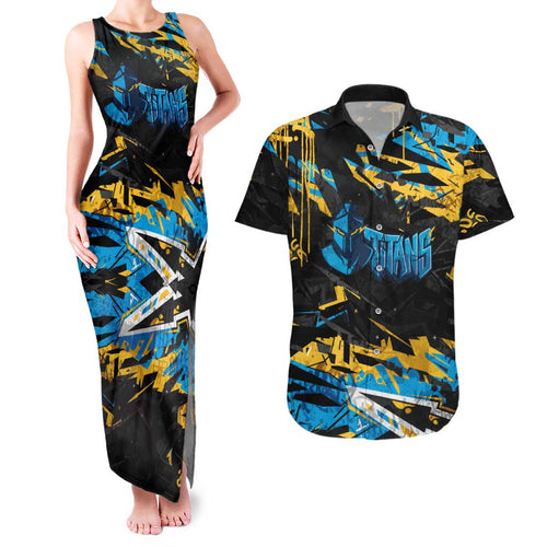 Personalized Gold Coast Titans Couples Matching Tank Maxi Dress and Hawaiian Shirt Graffiti Grunge Abstract Urban Street Style Design
