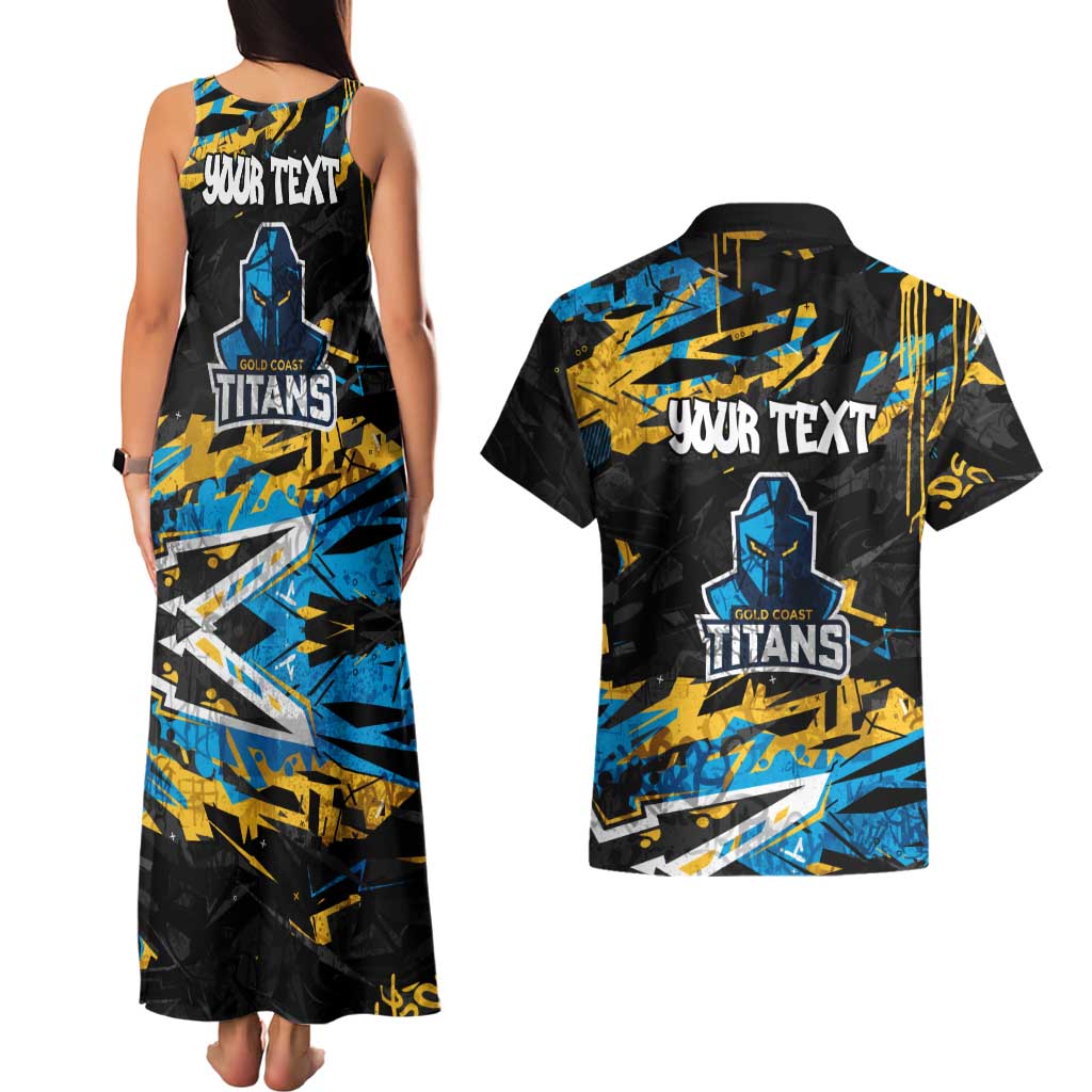Personalized Gold Coast Titans Couples Matching Tank Maxi Dress and Hawaiian Shirt Graffiti Grunge Abstract Urban Street Style Design