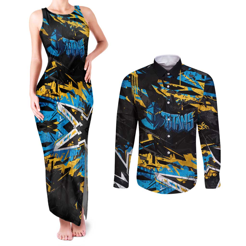 Personalized Gold Coast Titans Couples Matching Tank Maxi Dress and Long Sleeve Button Shirt Graffiti Grunge Abstract Urban Street Style Design