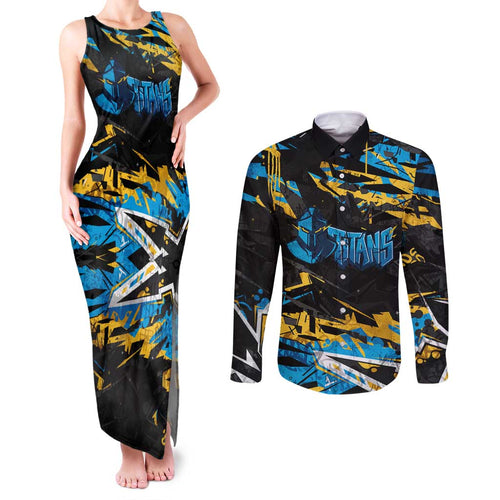 Personalized Gold Coast Titans Couples Matching Tank Maxi Dress and Long Sleeve Button Shirt Graffiti Grunge Abstract Urban Street Style Design