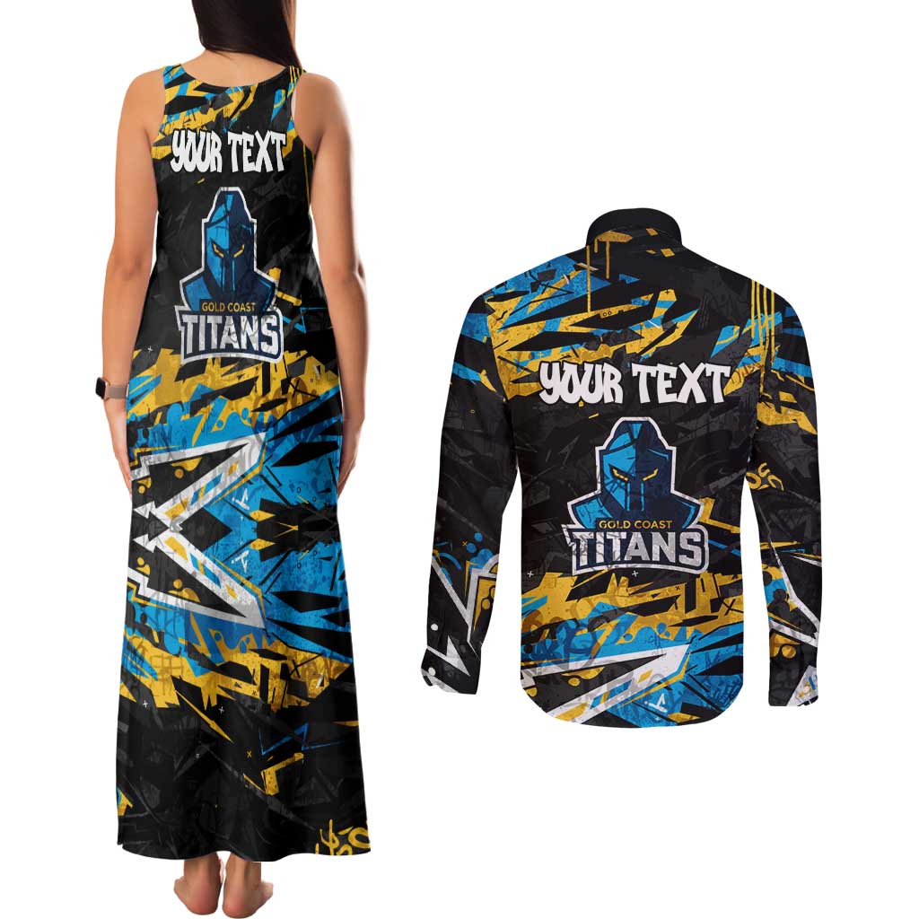 Personalized Gold Coast Titans Couples Matching Tank Maxi Dress and Long Sleeve Button Shirt Graffiti Grunge Abstract Urban Street Style Design