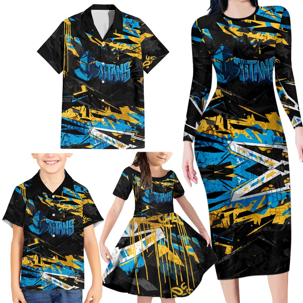 Personalized Gold Coast Titans Family Matching Long Sleeve Bodycon Dress and Hawaiian Shirt Graffiti Grunge Abstract Urban Street Style Design