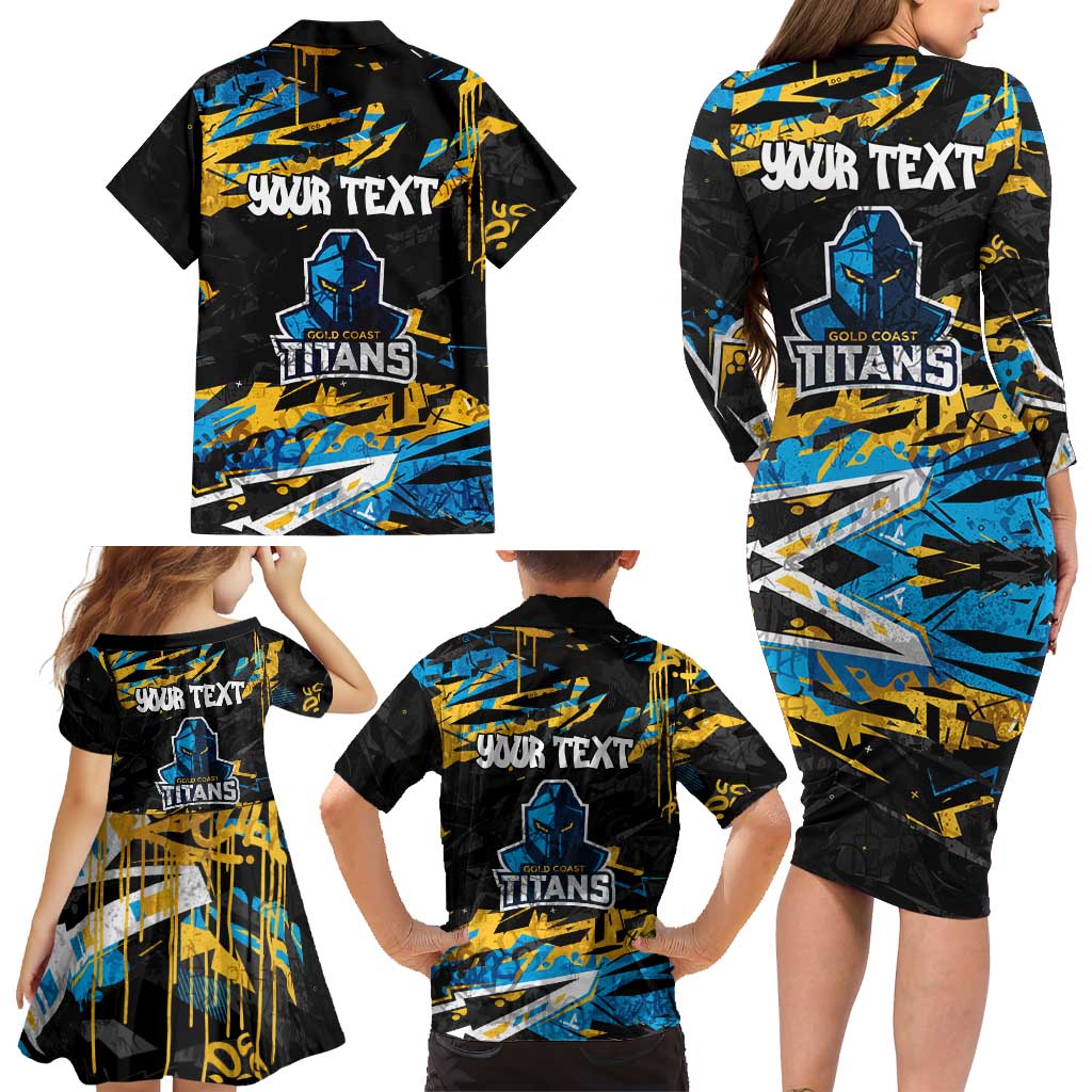 Personalized Gold Coast Titans Family Matching Long Sleeve Bodycon Dress and Hawaiian Shirt Graffiti Grunge Abstract Urban Street Style Design