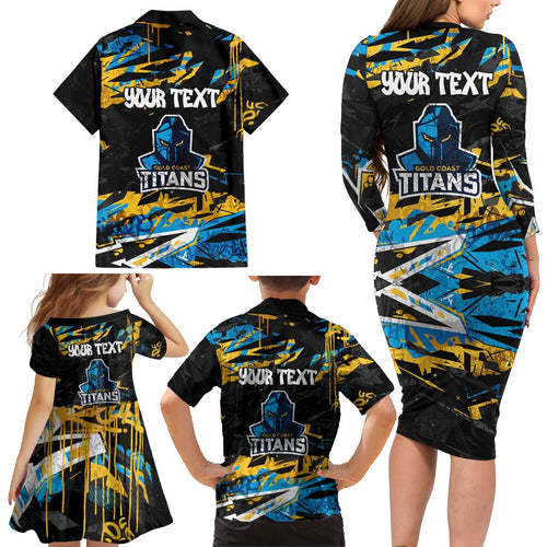 Personalized Gold Coast Titans Family Matching Long Sleeve Bodycon Dress and Hawaiian Shirt Graffiti Grunge Abstract Urban Street Style Design
