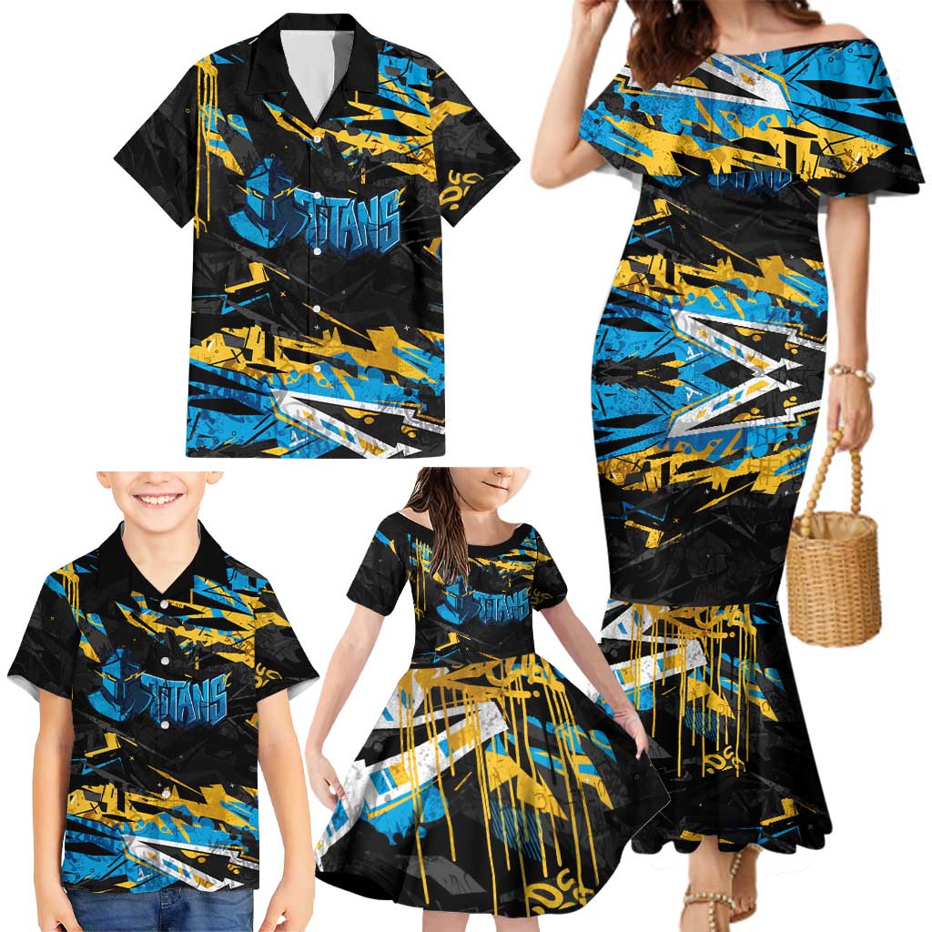 Personalized Gold Coast Titans Family Matching Mermaid Dress and Hawaiian Shirt Graffiti Grunge Abstract Urban Street Style Design