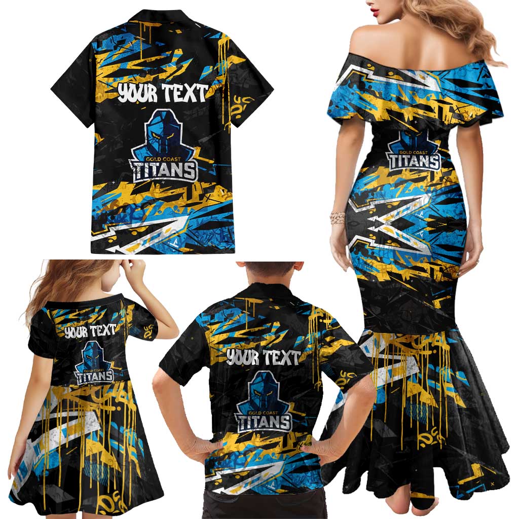 Personalized Gold Coast Titans Family Matching Mermaid Dress and Hawaiian Shirt Graffiti Grunge Abstract Urban Street Style Design