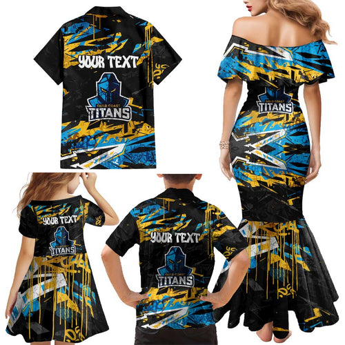 Personalized Gold Coast Titans Family Matching Mermaid Dress and Hawaiian Shirt Graffiti Grunge Abstract Urban Street Style Design