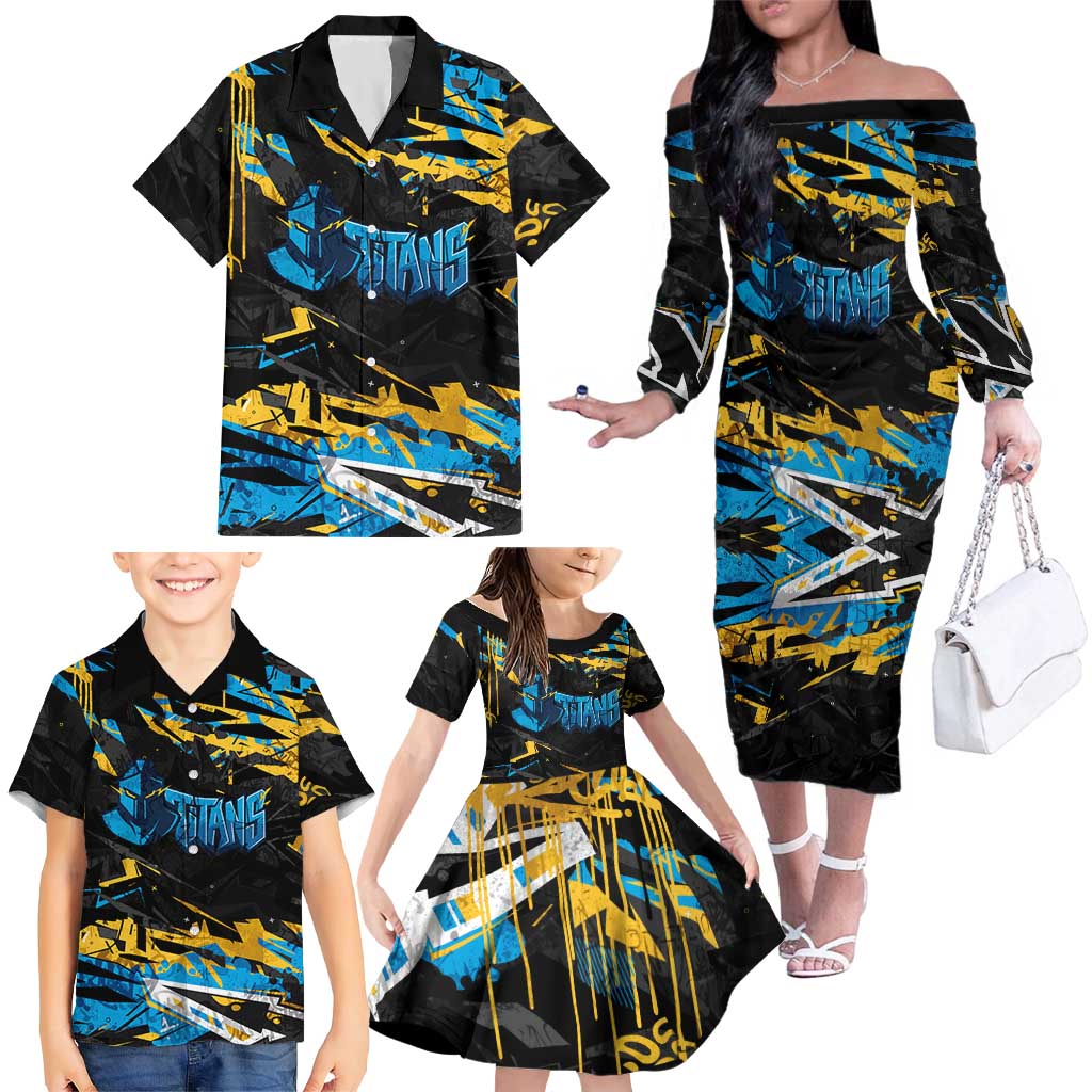 Personalized Gold Coast Titans Family Matching Off The Shoulder Long Sleeve Dress and Hawaiian Shirt Graffiti Grunge Abstract Urban Street Style Design