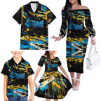 Personalized Gold Coast Titans Family Matching Off The Shoulder Long Sleeve Dress and Hawaiian Shirt Graffiti Grunge Abstract Urban Street Style Design