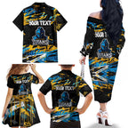 Personalized Gold Coast Titans Family Matching Off The Shoulder Long Sleeve Dress and Hawaiian Shirt Graffiti Grunge Abstract Urban Street Style Design