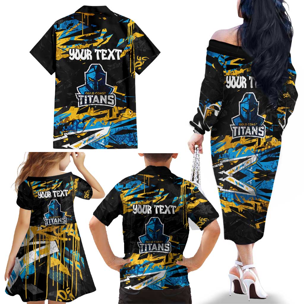 Personalized Gold Coast Titans Family Matching Off The Shoulder Long Sleeve Dress and Hawaiian Shirt Graffiti Grunge Abstract Urban Street Style Design