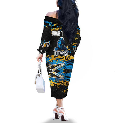 Personalized Gold Coast Titans Family Matching Off The Shoulder Long Sleeve Dress and Hawaiian Shirt Graffiti Grunge Abstract Urban Street Style Design